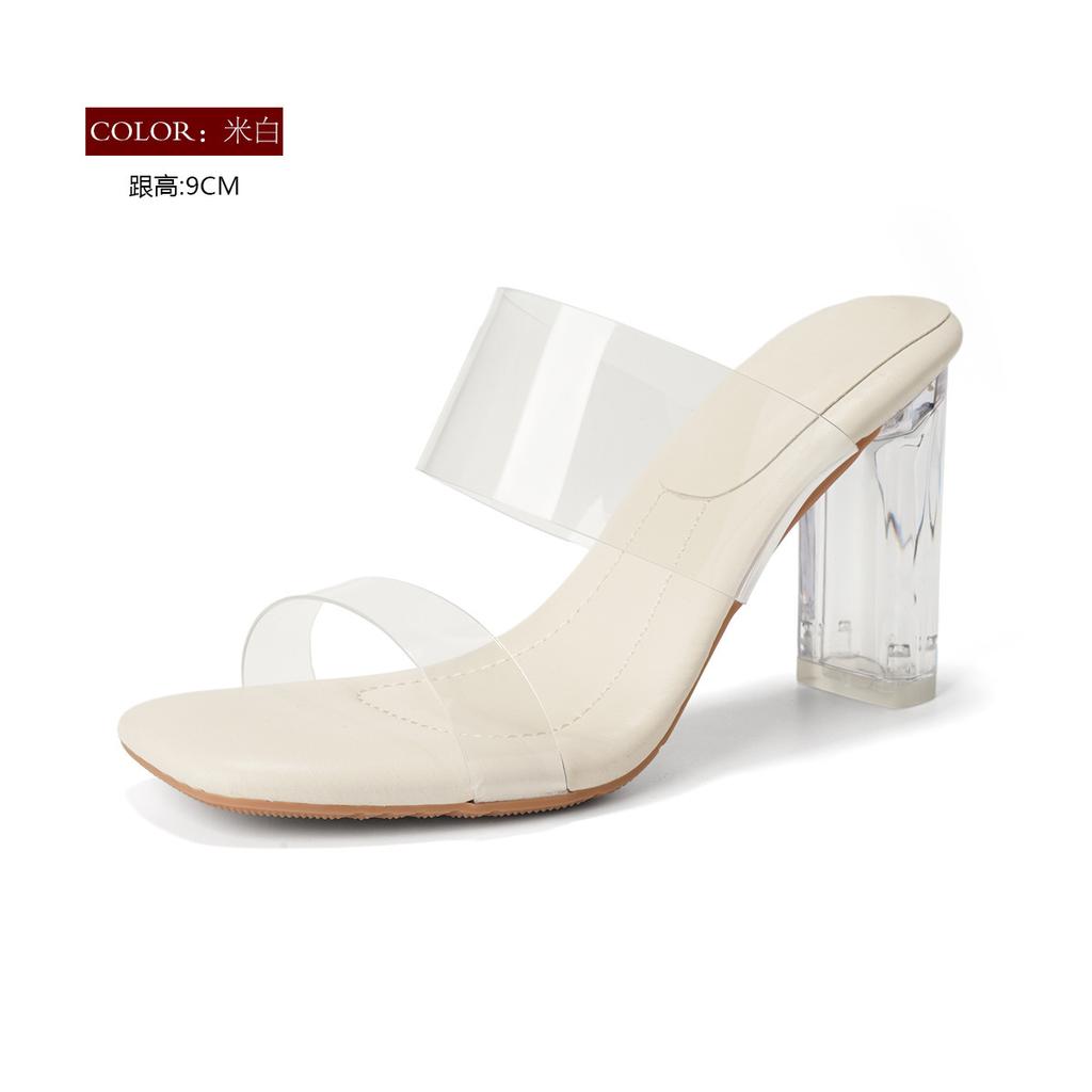 Huizhou women's shoes~ Small classic one-pedal transparent sandals Internet celebrity thick heel crystal slippers sexy high heels