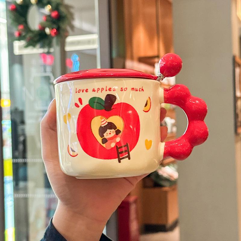 Girl Heart Apple Girl Cup Cute Ceramic Cup with Lid Spoon Girl Large Capacity Coffee Mug Souvenir