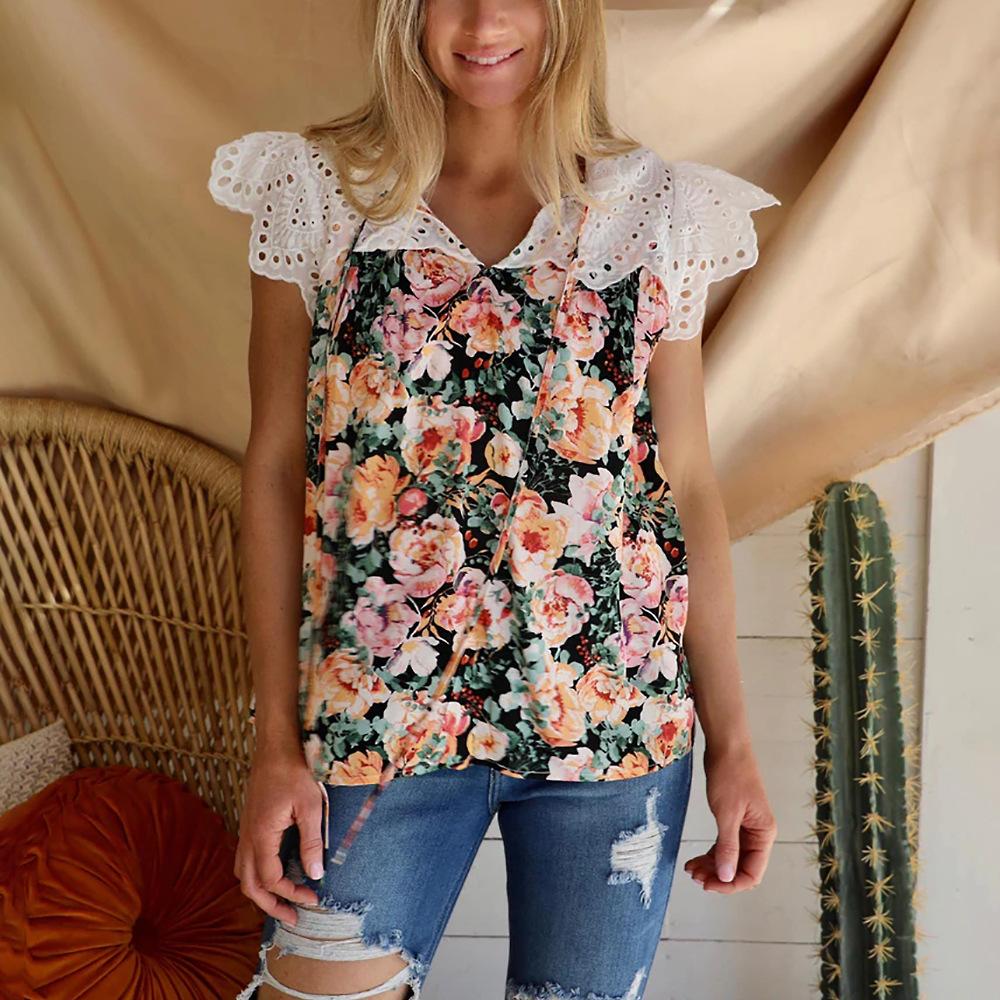 

Летняя женская модная футболка с цветочным принтом и кружевной строчкой, свободный топ без рукавов L