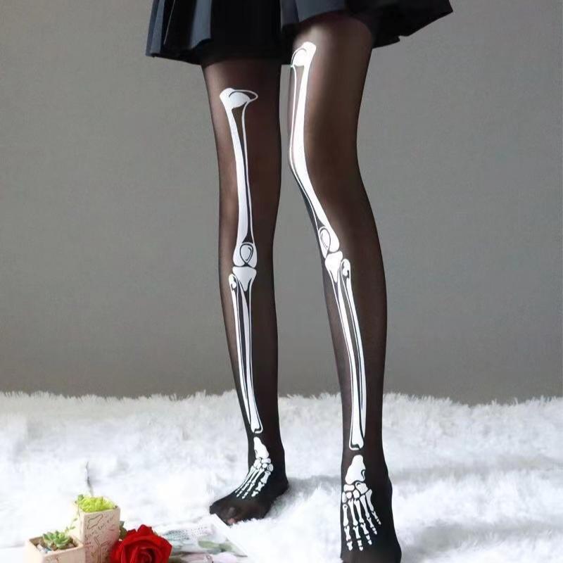 Women's Stockings Sexy Thin Black Thin Leggings Halloween Skeleton Silk Tights  Skull Print Pantyhose Cosplay Party