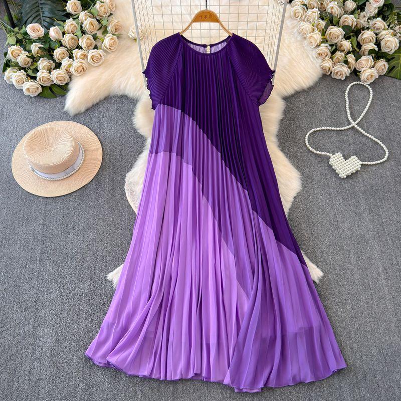 

Summer New Arrival 2024 Plus Size Short Sleeve Mid Length Long Length Dress Female Loose Slimming Patchwork Contrast Color Fresh Temperament Dress Purple All yards