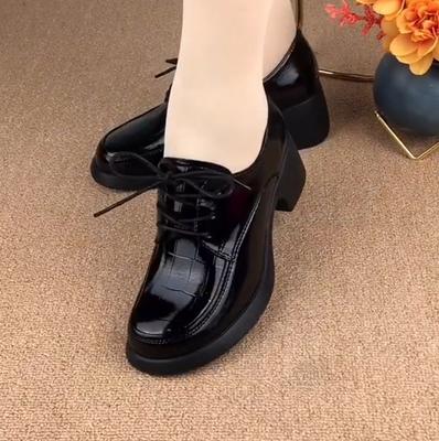 Black Lace-up Leather Shoes Women's High Heels Thick Heel Single Shoes Versatile Women's Shoes Medium Women's Soft-soled Dance Shoes
