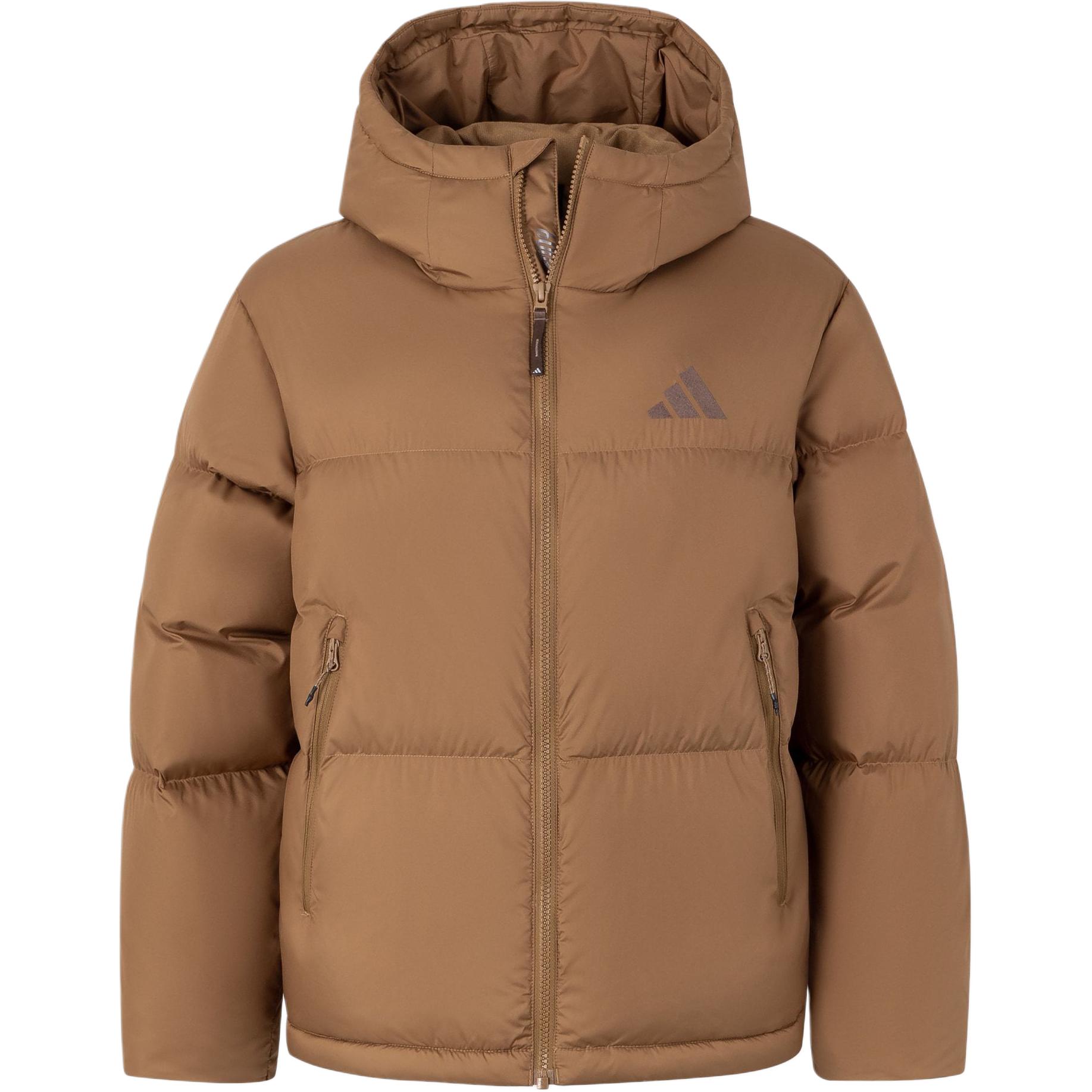 Adidas Women Sportswear Puff Down Hooded Jacket Desert Brown Regular Fit 80% Duck Down Warm Winter Casual Coat JV6191 XL
