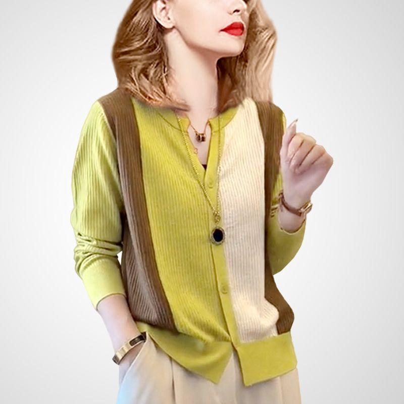 

Autumn 2025 New Arrival Fancy Color Stitching Knitted Cardigan Female French Slimming Thin Younger Slim-Fit Long Sleeves Tops Yellow color matching L