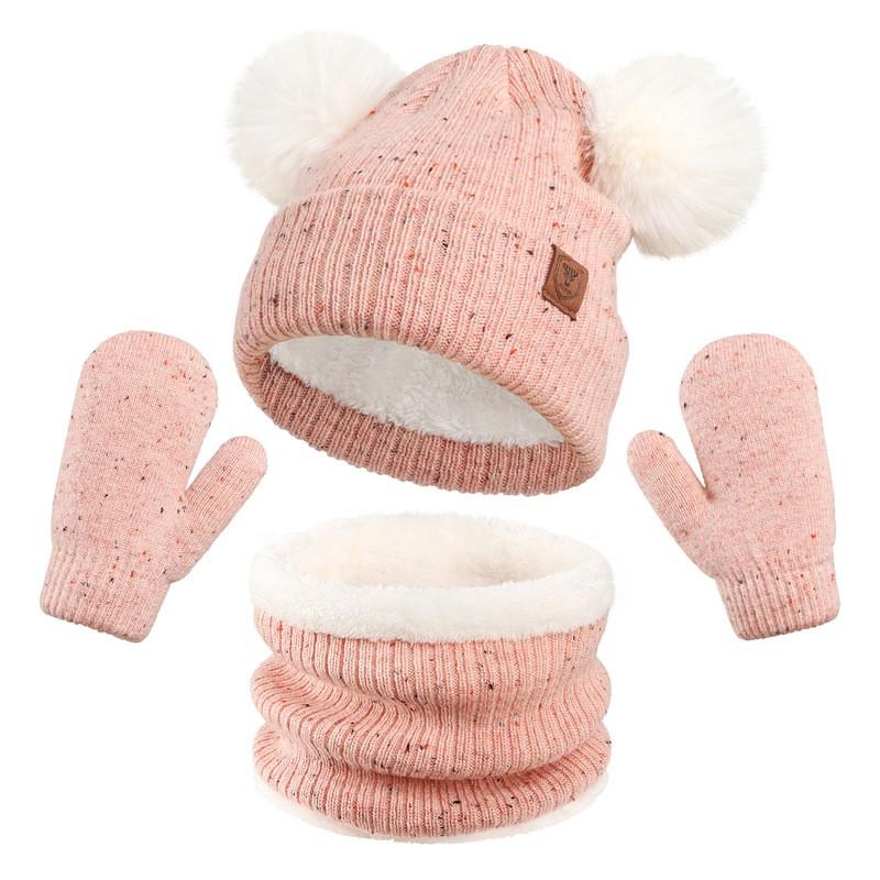 Kids Winter Warm Hat Scarf Gloves Set Acrylic Knit With Double Pom Poms Toddlers Preschool Gift 0555 Pink Kids 3-Piece Set 205g