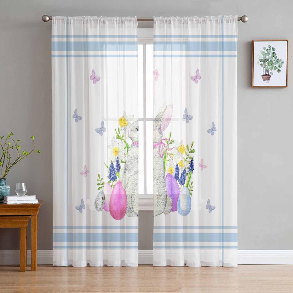 Easter Eggs Grass Rabbit Ears Sheer Tulle Window Curtains For Living Room Bedroom Kitchen Veiling Curtain Home Decoration
