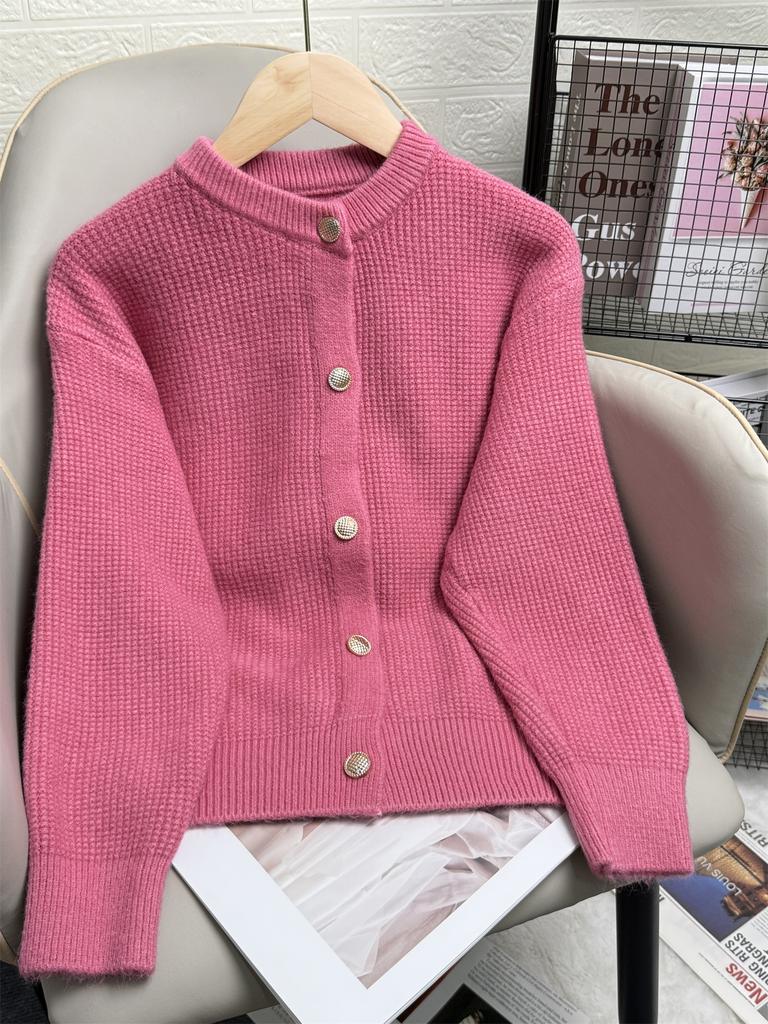 Beige Short Knit Cardigan with Gold Buttons