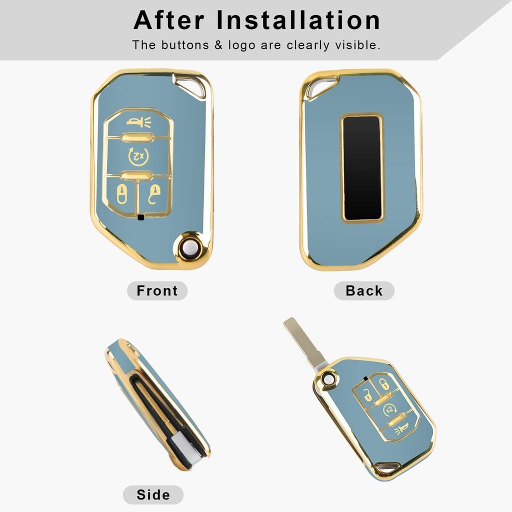 QBUC For Jeep Key Fob Cover With Keychain Flip Key Case For 2018 Jeep Wrangler Gladiator JLU JL Rubicon JT (Blue)