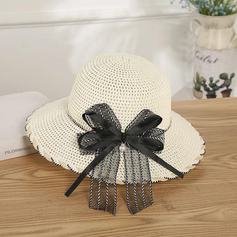 WTEMPO Black Striped Mesh Bow Pearl Women's Wide Brim Solid Color Sun Hats Elegant Casual Foldable Summer Outdoor Sunscreen Hats