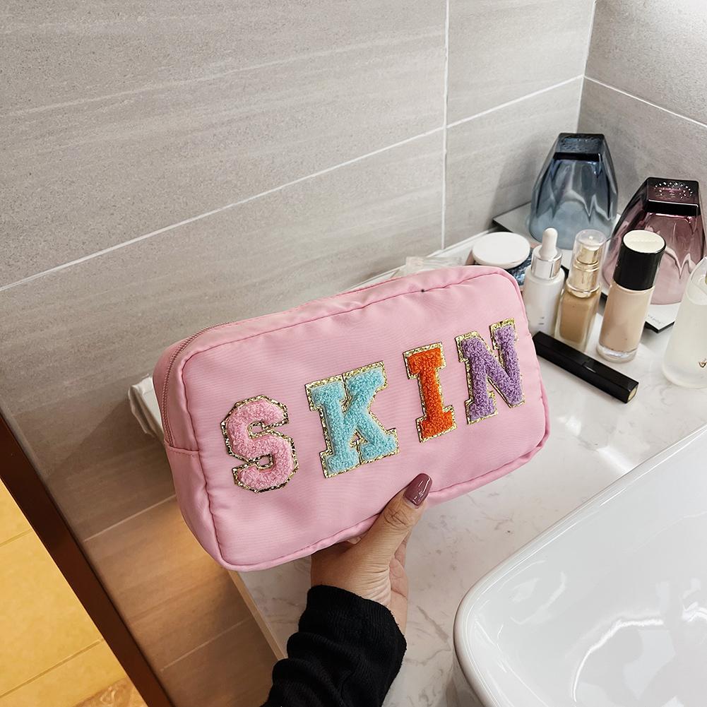 Casual Toiletry Bag Embroidery Letter Patch Travel Organizer Portable Zipper Female Cosmetic Bag Waterproof Nylon for Lady Girls