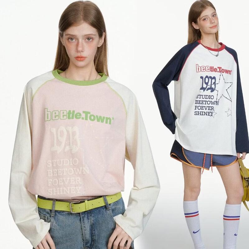 BEETLE TOWN Women s Heavyweight Raglan Sleeve Color-Block Long-Sleeve T-Shirt M