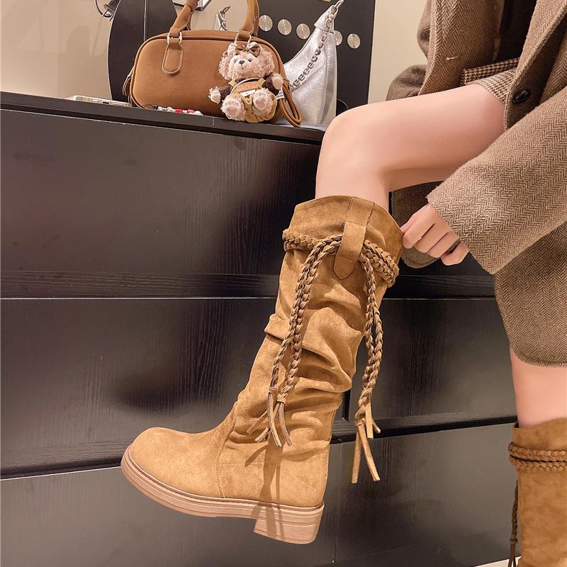 

2025 autumn and winter new brown fringed boots retro wasteland wind knight boots British college wind pile boots women 40