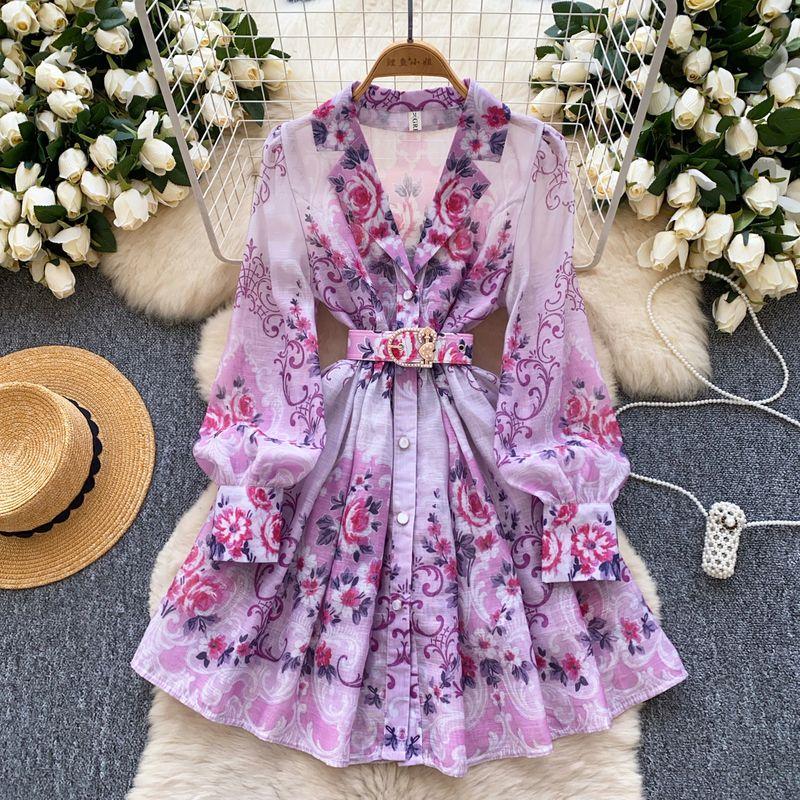 

French style Retro Elegant Suit Collar Long sleeve Waist Hugging Print One piece Dress Women clothing Slimming Elegant Single-Breasted A- line Skirt Purple S