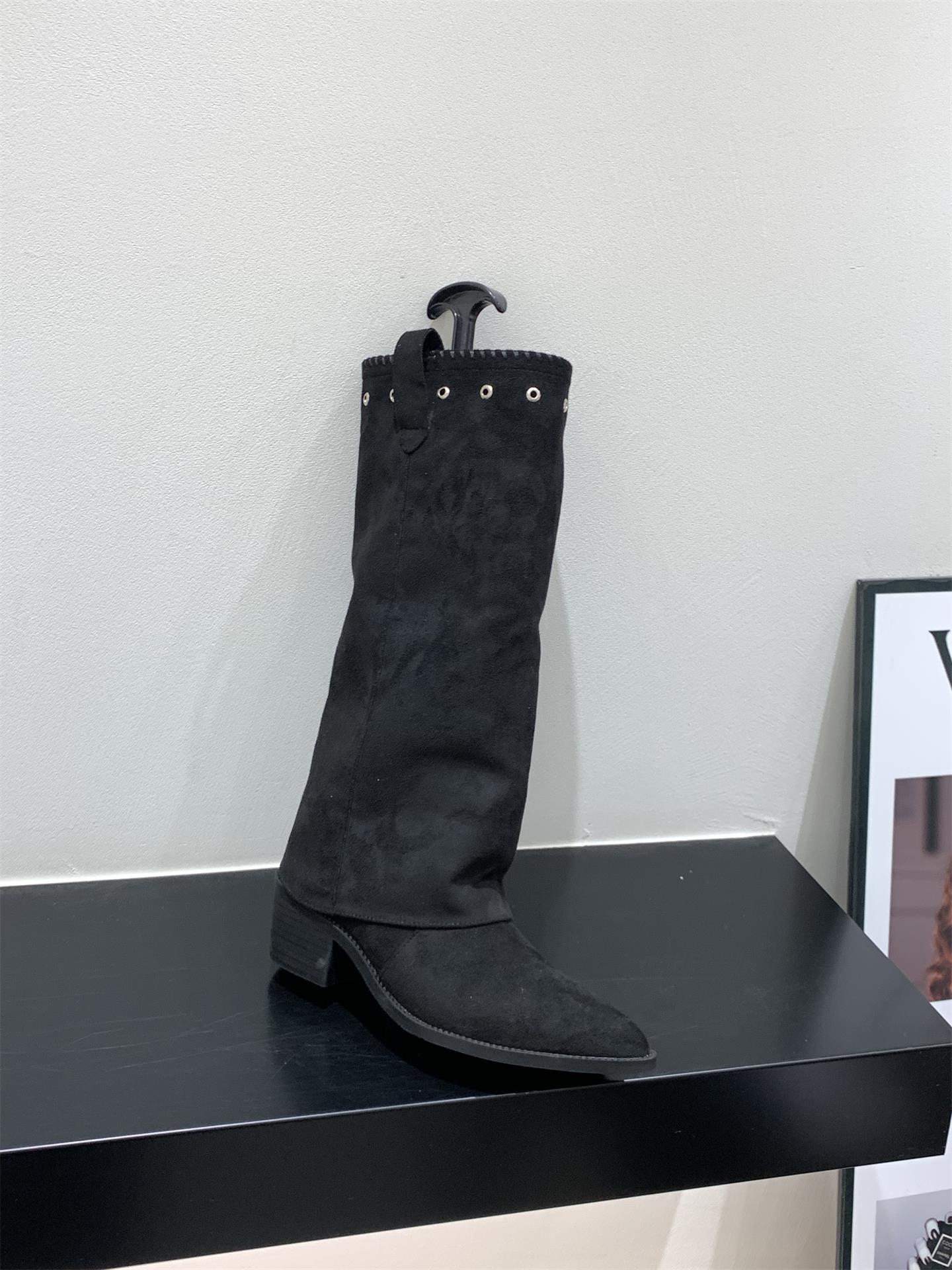 

Коричневые замшевые ботфорты на высоком каблуке с острым носком Женские ботинки 2025 Осень/Зима Западные облегающие ботинки 42 чёрный