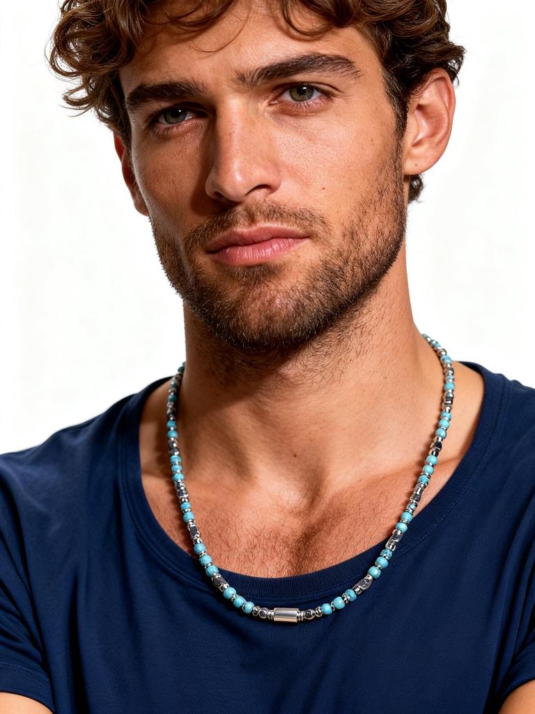 Trendy Men's Natural Stone Beaded Necklace,Classic Unique Stainless Steel Metal Bead Choker,Bohemian Jewelry Gift for Son Dad