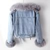 Women's Light Wash Denim Jacket with Fox Fur Collar and Belted Waist