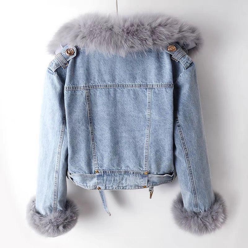 Women's Light Wash Denim Jacket with Fox Fur Collar and Belted Waist