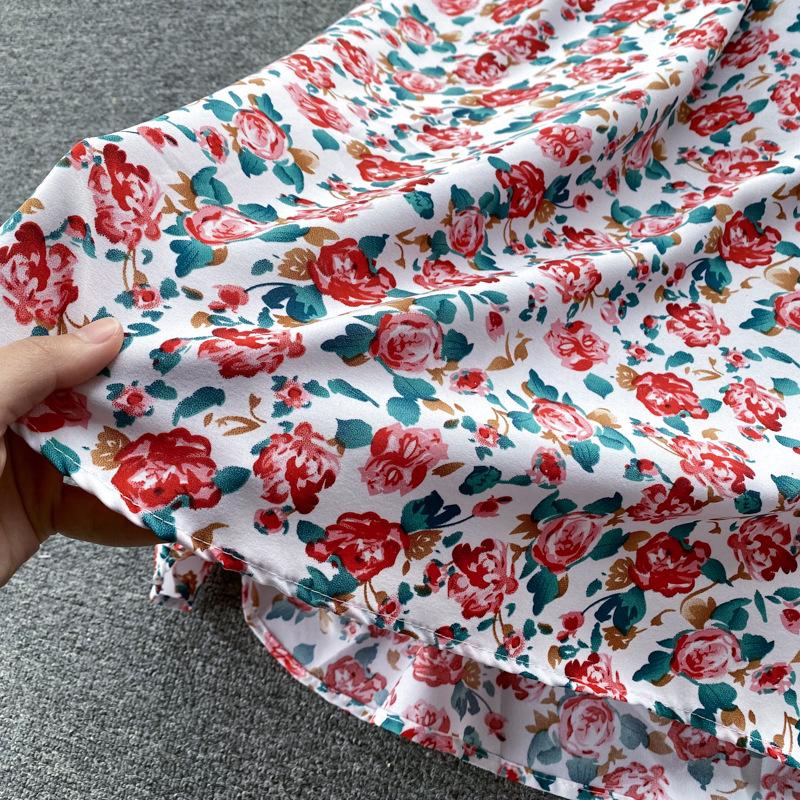 Women Summer Spring Short Sleeve Flower Print V-neck Casual A-Line Ankle-Length High Waist Dress