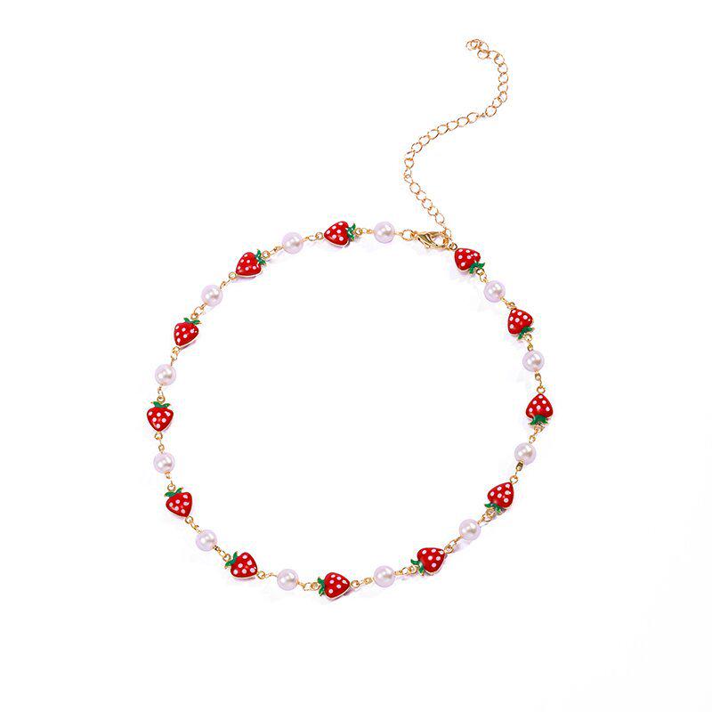 High-End Trendy Strawberry Bead Jewelry Set: Necklace, Anklet, Round Bead Bracelet