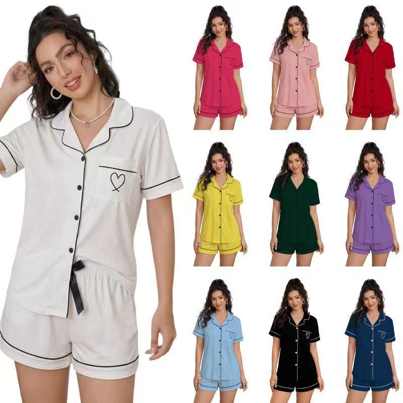 Women's home clothing set, cardigan, short sleeved shirt, shorts, summer solid color, minimalist pajamas