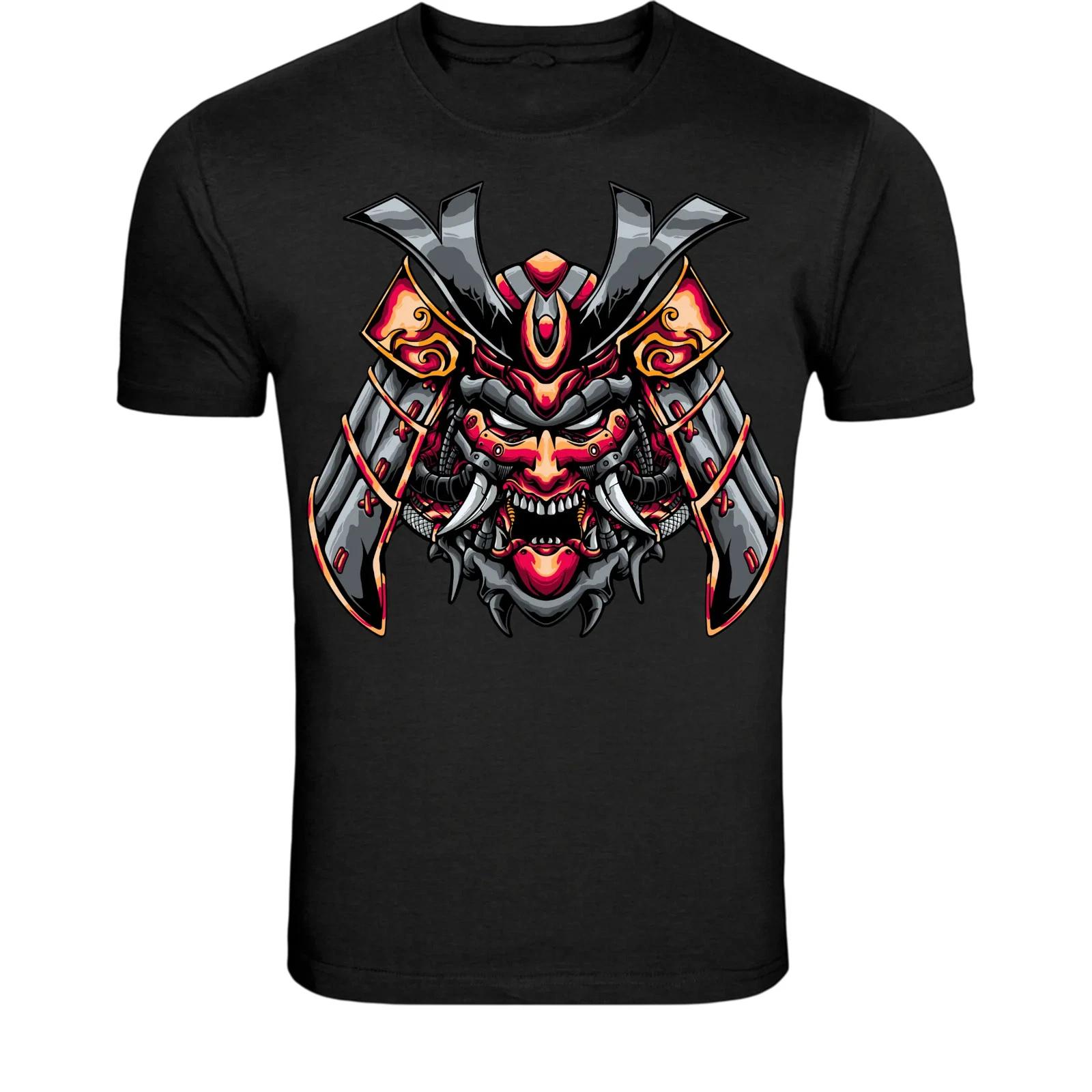 Футболка с неоновой маской самурая-черепа - Графика японского демона-воина S