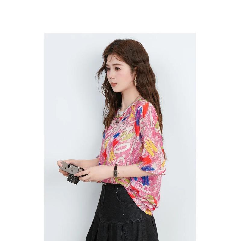 DIMANAF 2026 Plus Size Summer Beach Women Shirt T-Shirts Casual Lady Tops Tunic Tees Oversize Loose Floral Print Knitted