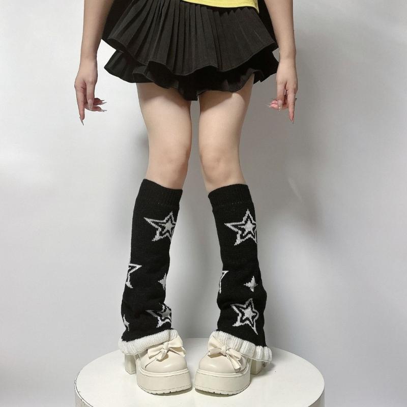 Punk Women Leg Warmers Japanese Aesthetic Star Pattern Flared Knitted Foot Cover Ruffle Trim Long Stockings Streetwear