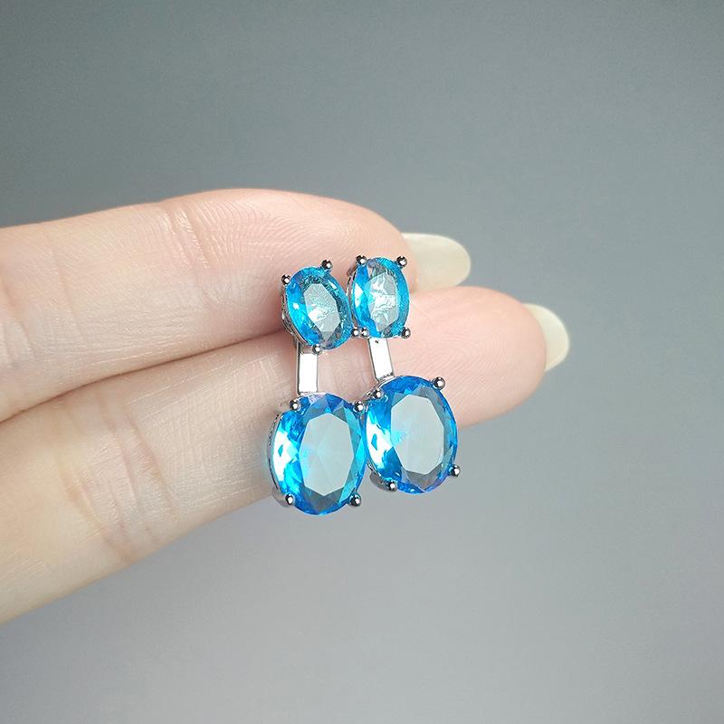 Rear Hanging Double Blue Stone Oval Diamond Suspension Earrings, Simple Colored Treasure Gift, Two Earrings.