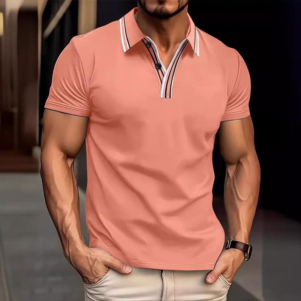 New Men's Collar Striped Casual POLO Shirt V-neck Button Business Versatile T-shirt Tops