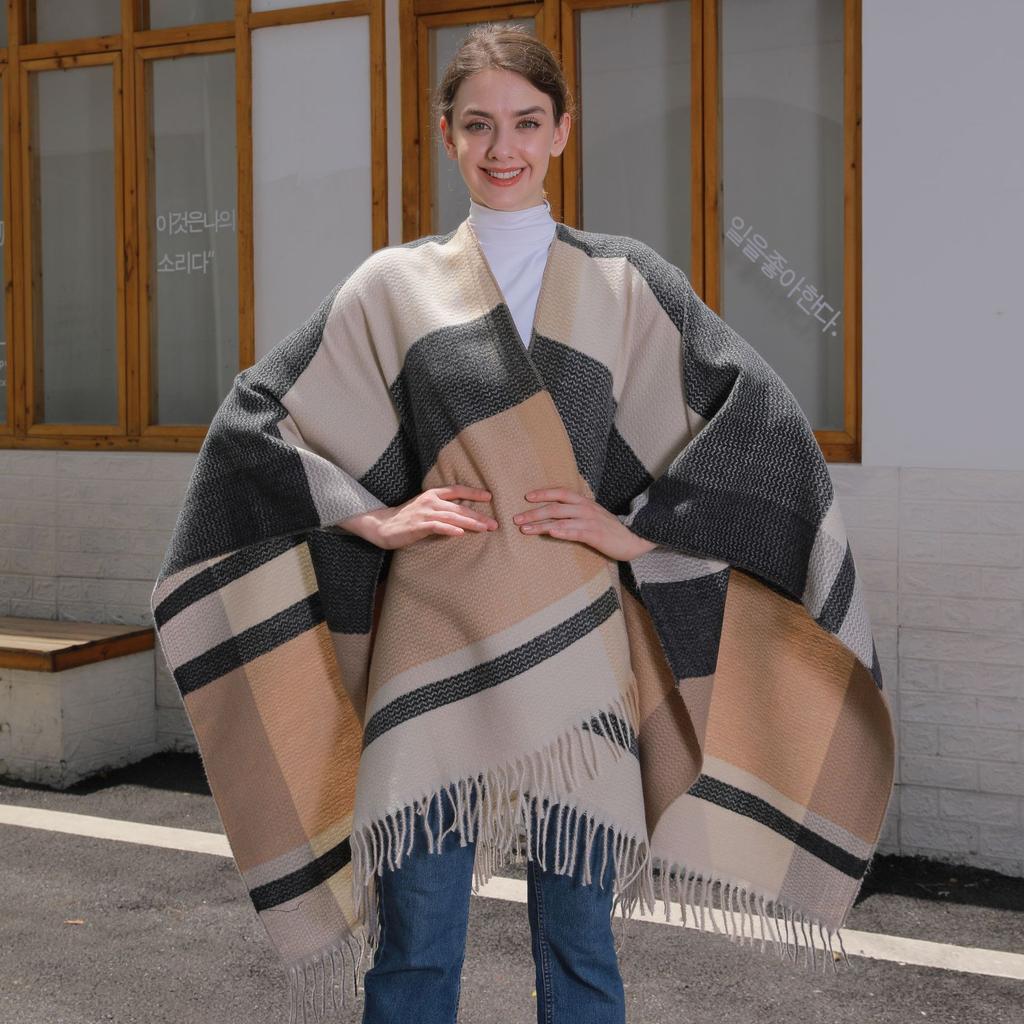 Foreign Trade, New Tassel Split Shawl Autumn and Winter Women's Simple Plaid Jacquard Scarf Cape