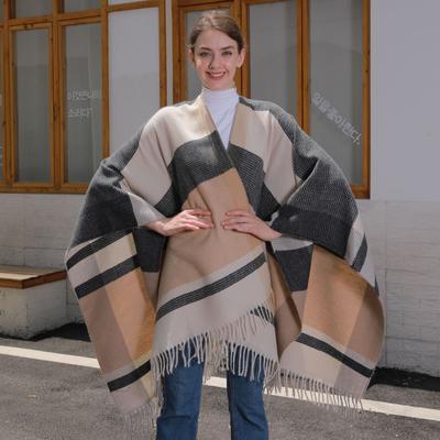 Women's Simple Fashion Tassel Scarf Split Shawl Autumn Winter Warm Checked Jacquard Cape