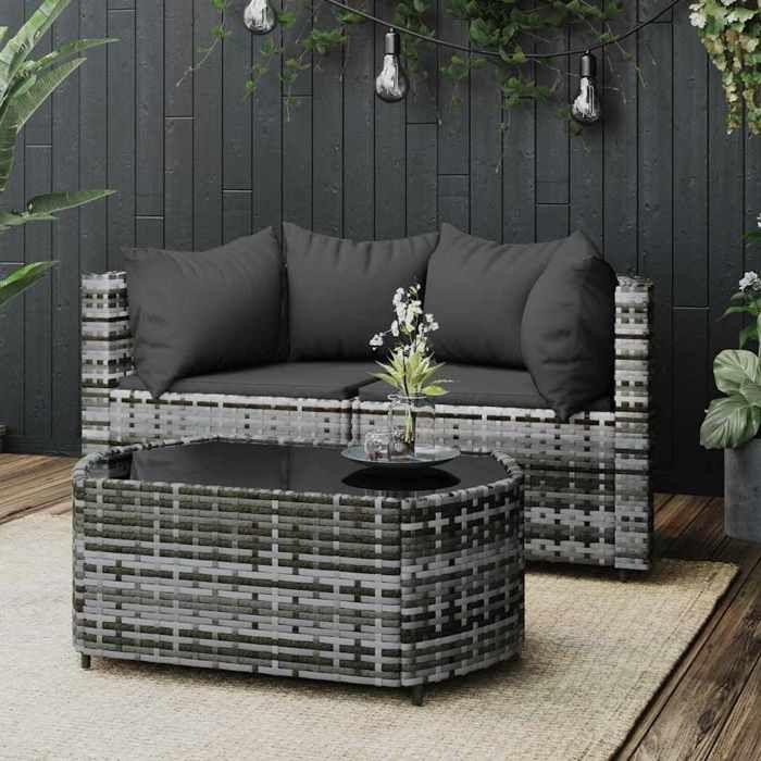 VidaXL Salon de jardin 3 pcs avec coussins Gris Résine tressée, ensemble de salon d'extérieur, ensemble de mobilier 319775