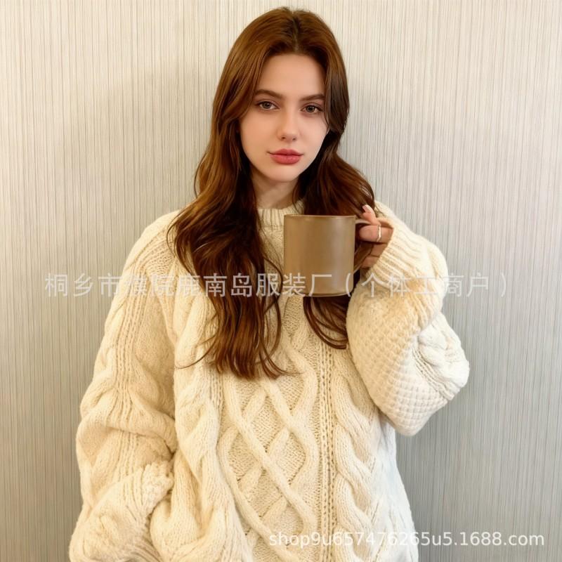 2026 Fall Winter Loose Lazy Thick Knit Sweater Women Casual Long Sleeve Pullover