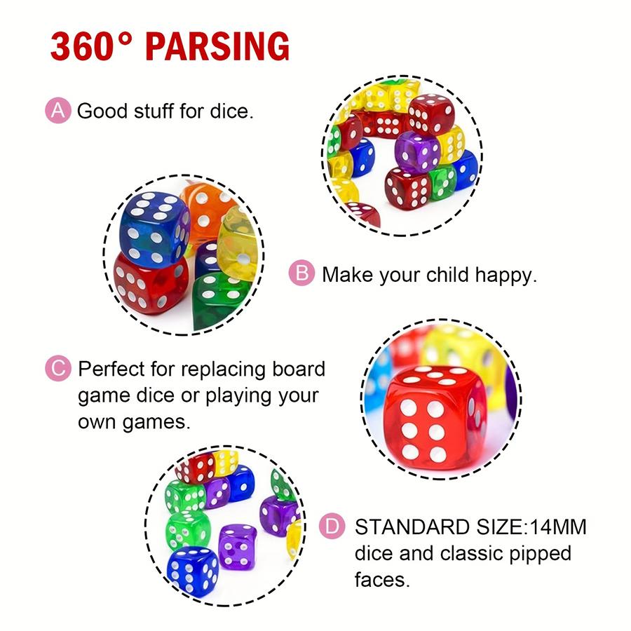 60pcs 14mm High-Transparency Acrylic Colored Dot Dice & 6pcs Black Drawstring Storage Bags Role-Playing Game Dice Party Supplies