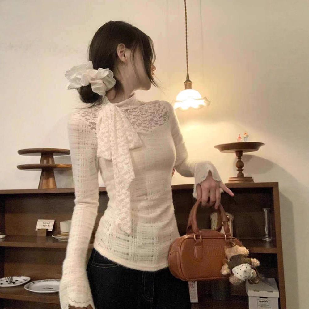 Women's Slim Lace Long-Sleeve Base Layer Top - 2025 Autumn/Winter Collection