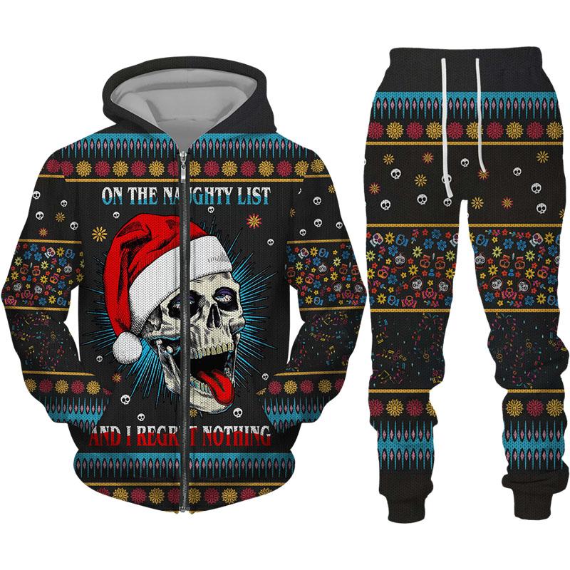 Moda Crăciun Craniu Imprimare Hanorace/Pantaloni/Set pentru bărbați cu fermoar Model de tip boutique Jachetă subțire cu glugă Costum cuplu Îmbrăcăminte de stradă