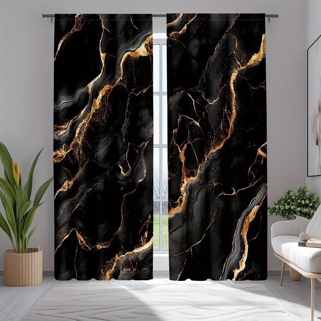 2pcs Black & Gold Marble Curtains – Flowing Gold Pattern for Elegant Home Decor
