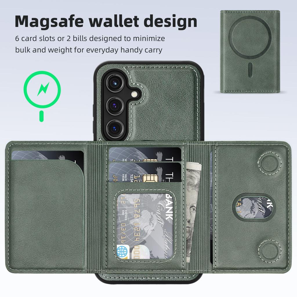 For Samsung Galaxy S25+ Case Compatible with MagSafe Leather Back Phone Cover with Detachable Card Bag