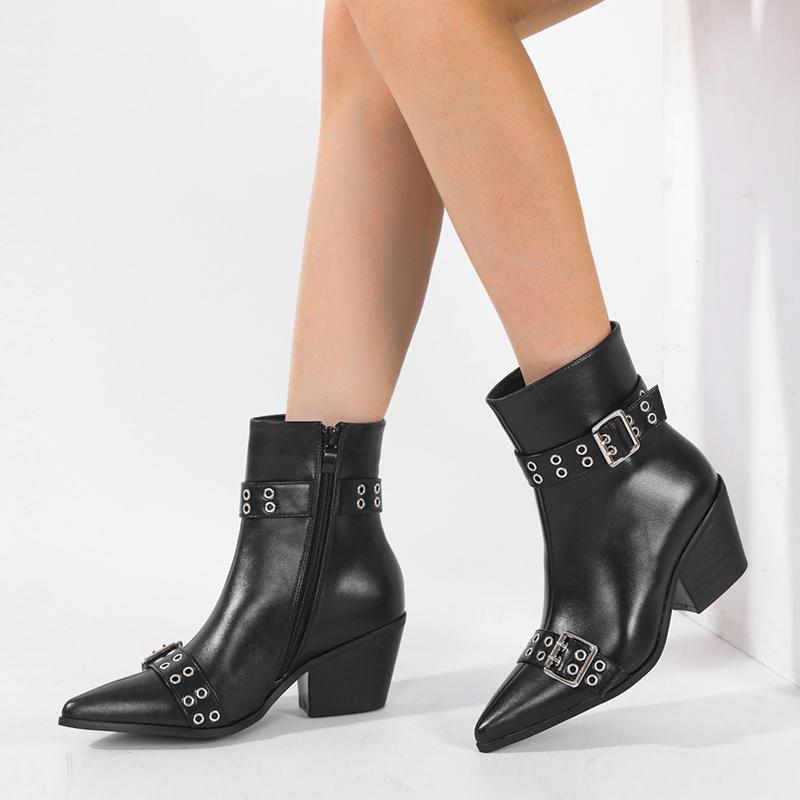 Fashion Liyke Goth Fashion Design Belt Buckle Pointed Toe Zip Ankle Boots For Woman Low Square Heels Chelsea Shoes Women Booties Black