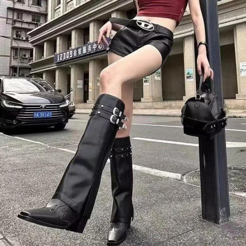 Designer Gladiator Chelsea Boots Women Autumn  Knee High Western Shoes Women Pointed-Toe Fashion Buckle Mid Heels Botas