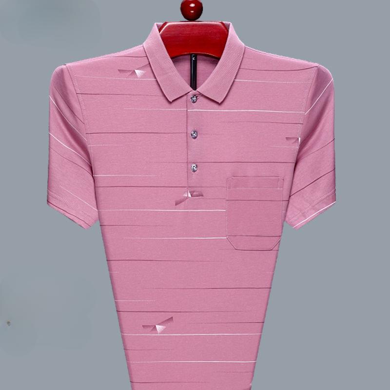 

Дышащая рубашка поло из ледяного шелка, мужская летняя футболка с коротким рукавом, удобная для пап среднего возраста 4XL розовый