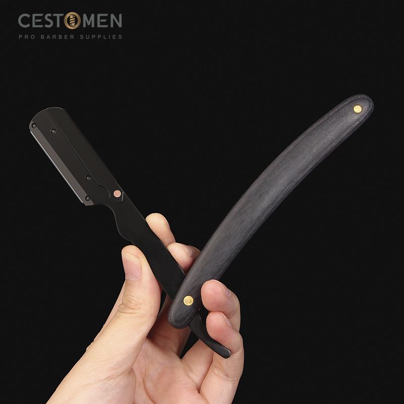 CESTOMEN Herren Rasierer mit gerader Kante, Edelstahl, professioneller Friseurmesserhalter, zusammenklappbar, Holz, manuelles Rasieren, Rasierer, Friseur-Werkzeuge