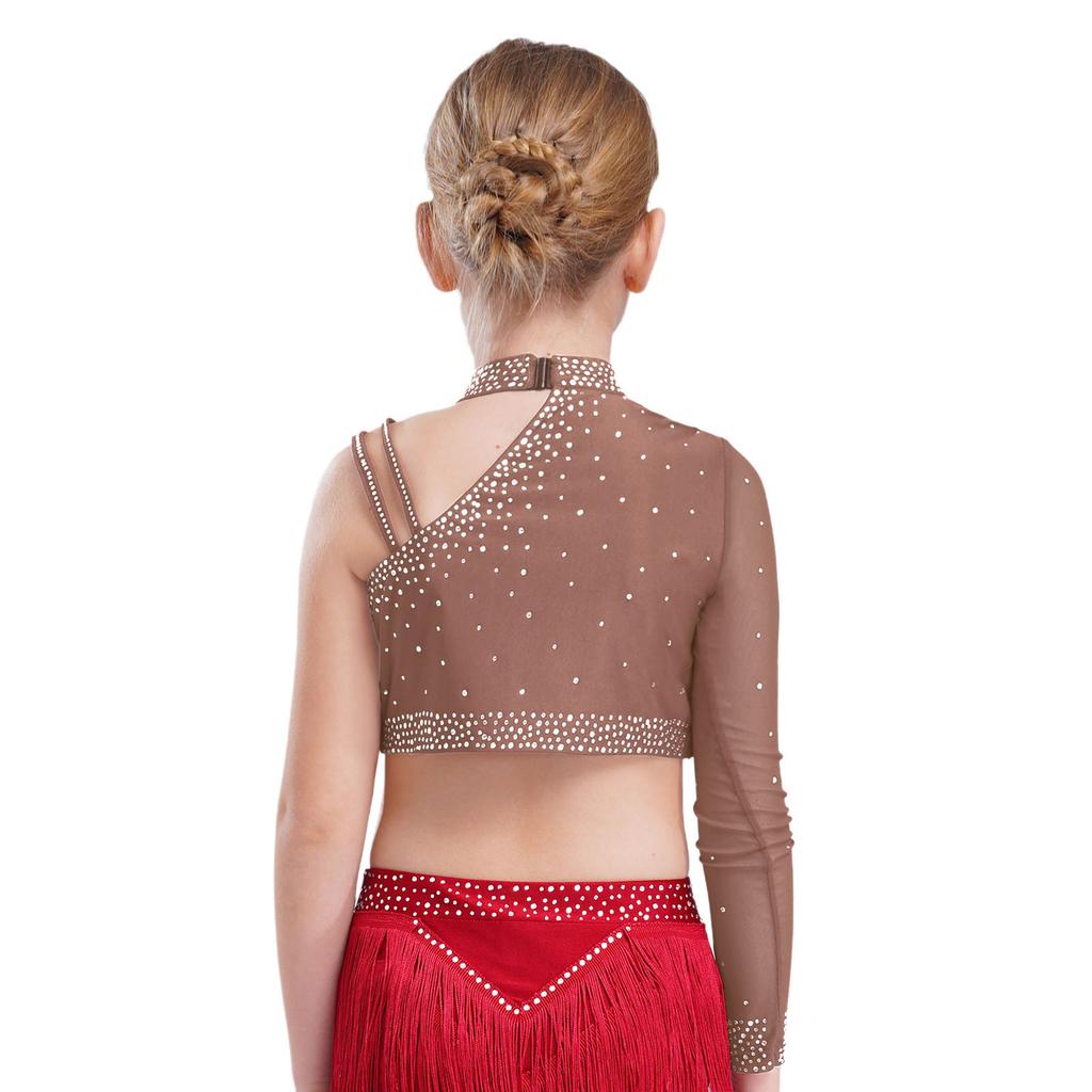 Kinder Mädchen Tanzoberteil Funkelnde Strasssteine Crop Top, Einzigartiges unregelmäßiges Schulterdesign für Bühnenauftritte & Tanzwettbewerbe