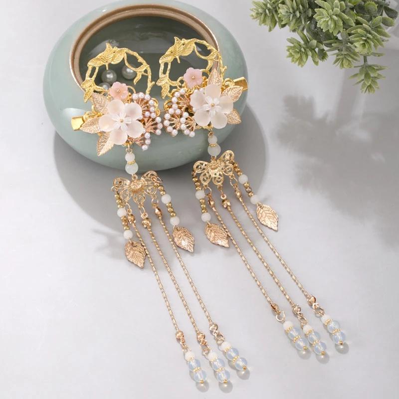 1 Paire Fleur Feuille Perles Long Pendentif à Gland Épingles à Cheveux Chinoises Pinces pour Femmes Filles Ornements de Cheveux de Mariage