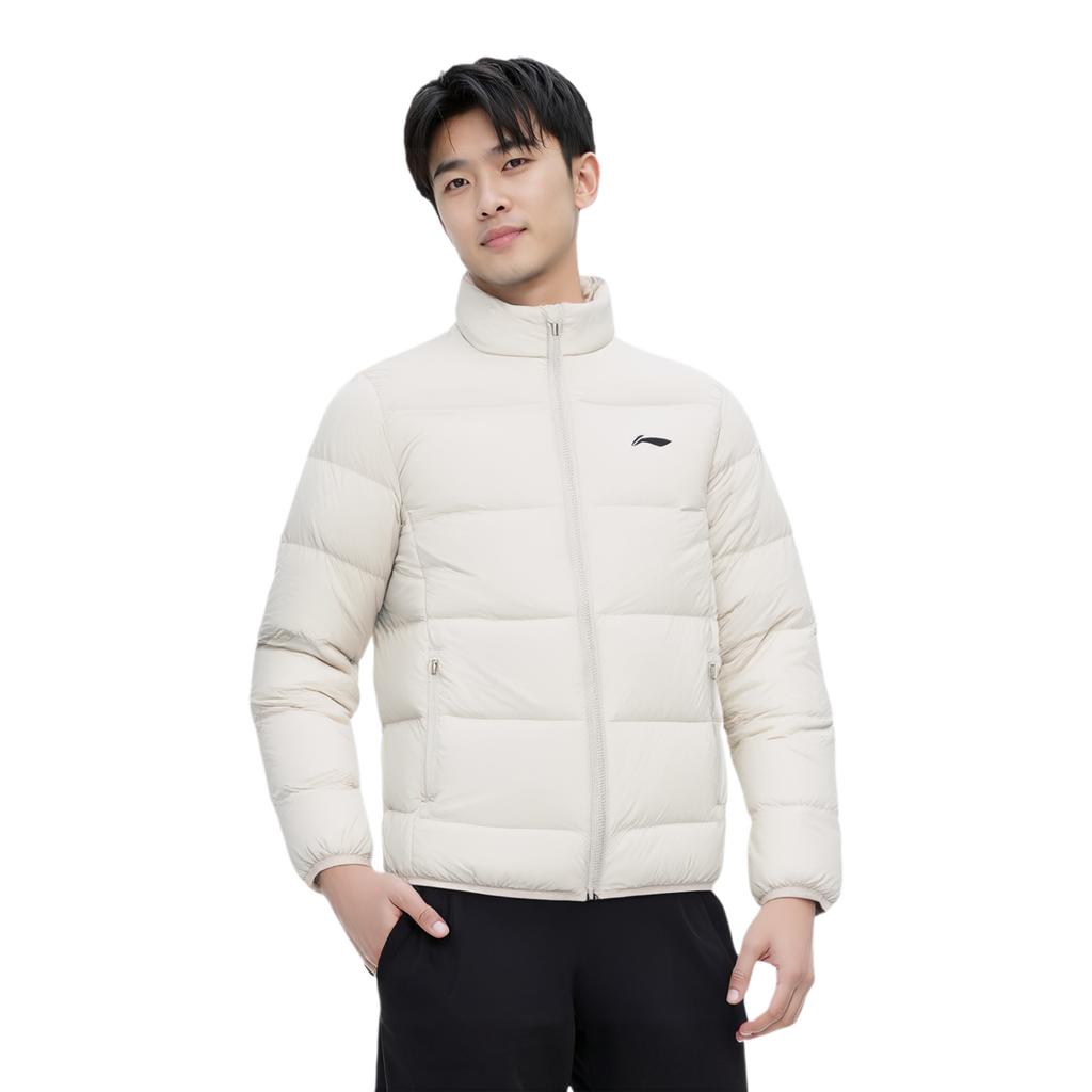 Li-Ning Comfortable Simple Versatile Solid Color Zipper Stand Collar Short Down Jacket Unisex outerwear Gravel-White-Gray AYMV093-4