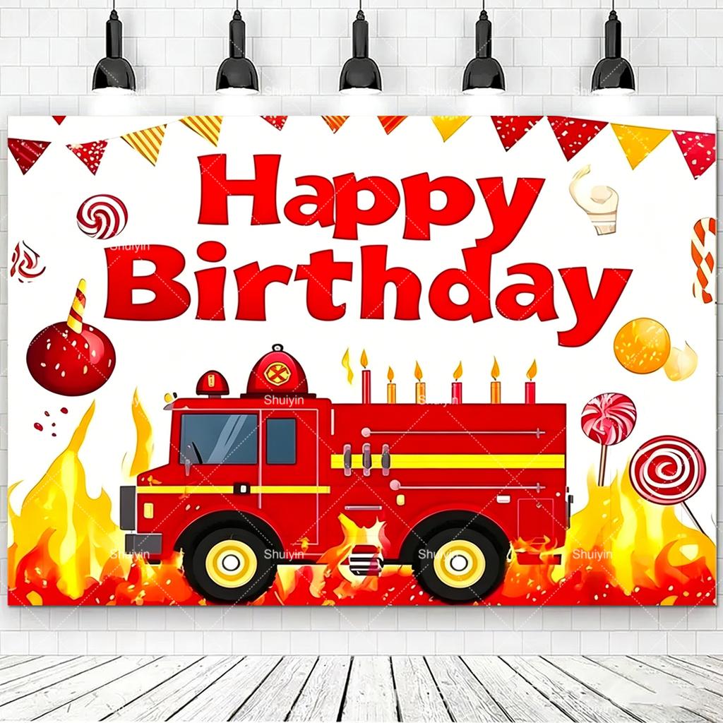 Cartoon Firefighter Firetruck Theme Backdrop Red Flame Fireman Boy Birthday Decorations Party Supplies Photography Background
