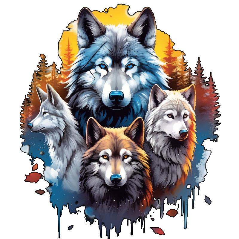 Wolf Print T Shirt Black Four Wolves and Autumn Forest Design for Casual Wear
