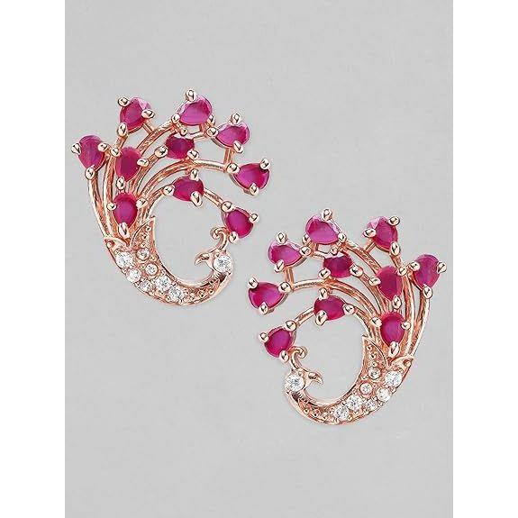 Women's Rose-Gold Plated Peacock Shaped Ruby Studded Earrings