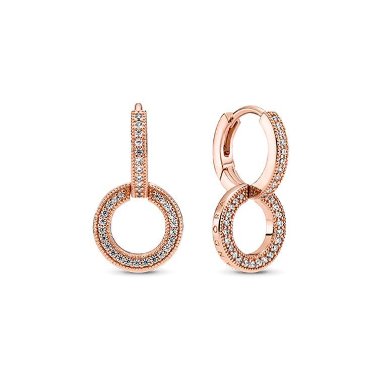 Pandora Shining Double Ring Alloy Earrings Women earrings 289052C01 Box,F,Rose Gold