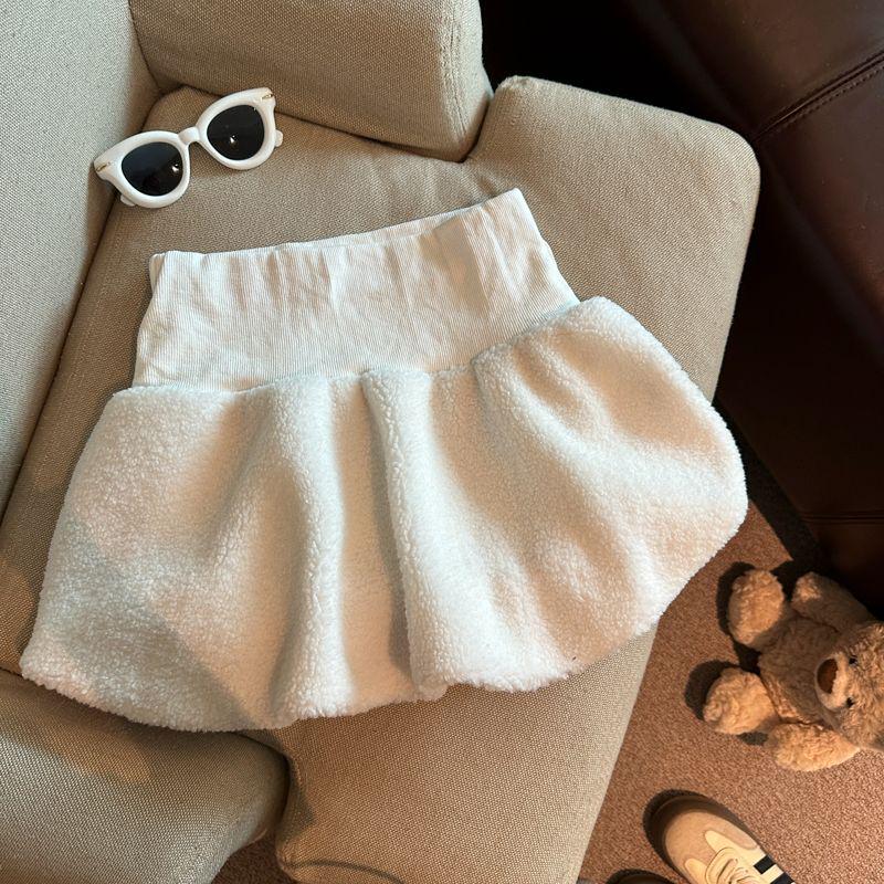 Women s 2025 Winter Black High-Waisted Faux Lambswool A-Line Skirt Small белый